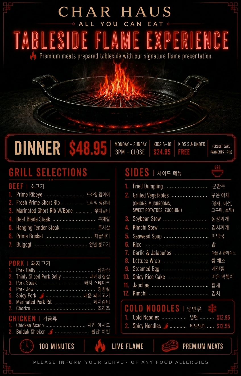 Char Haus dinner all-you-can-eat menu board