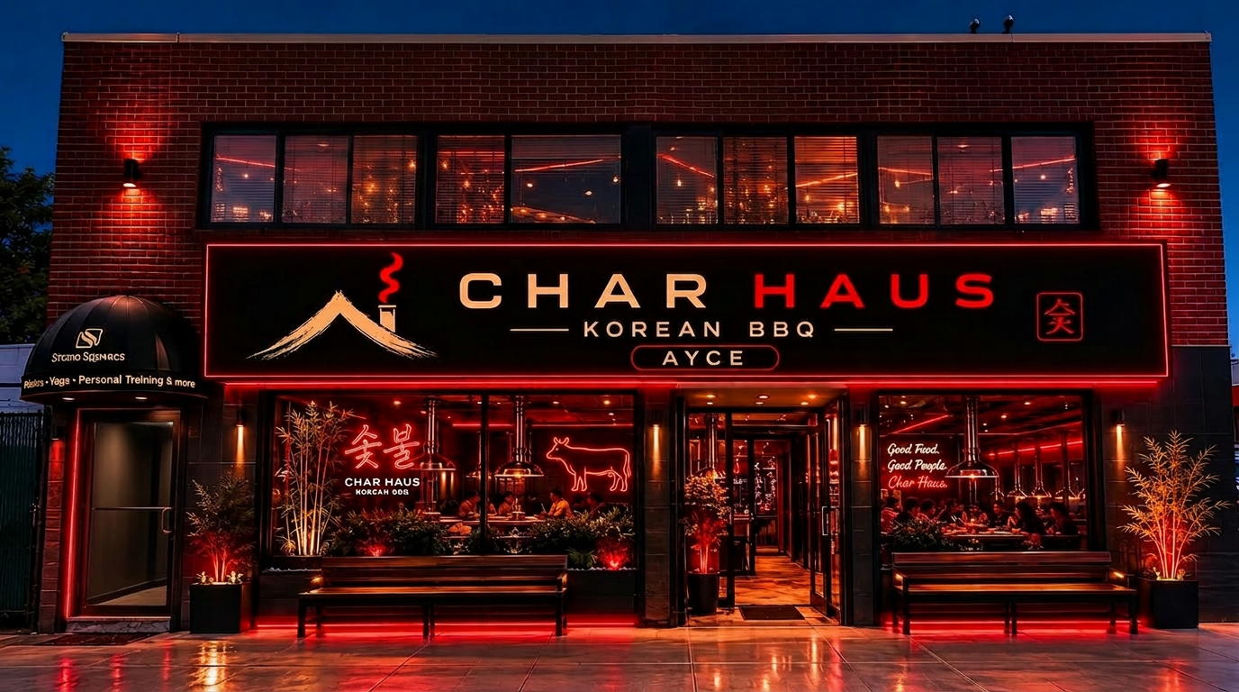 Char Haus Korean BBQ exterior at night with glowing red signage