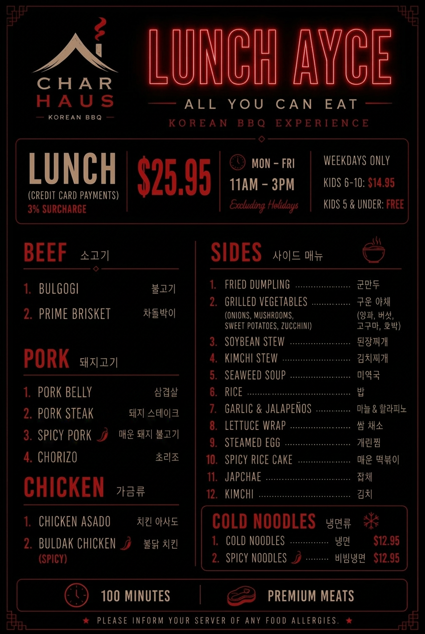 Char Haus lunch all-you-can-eat menu board